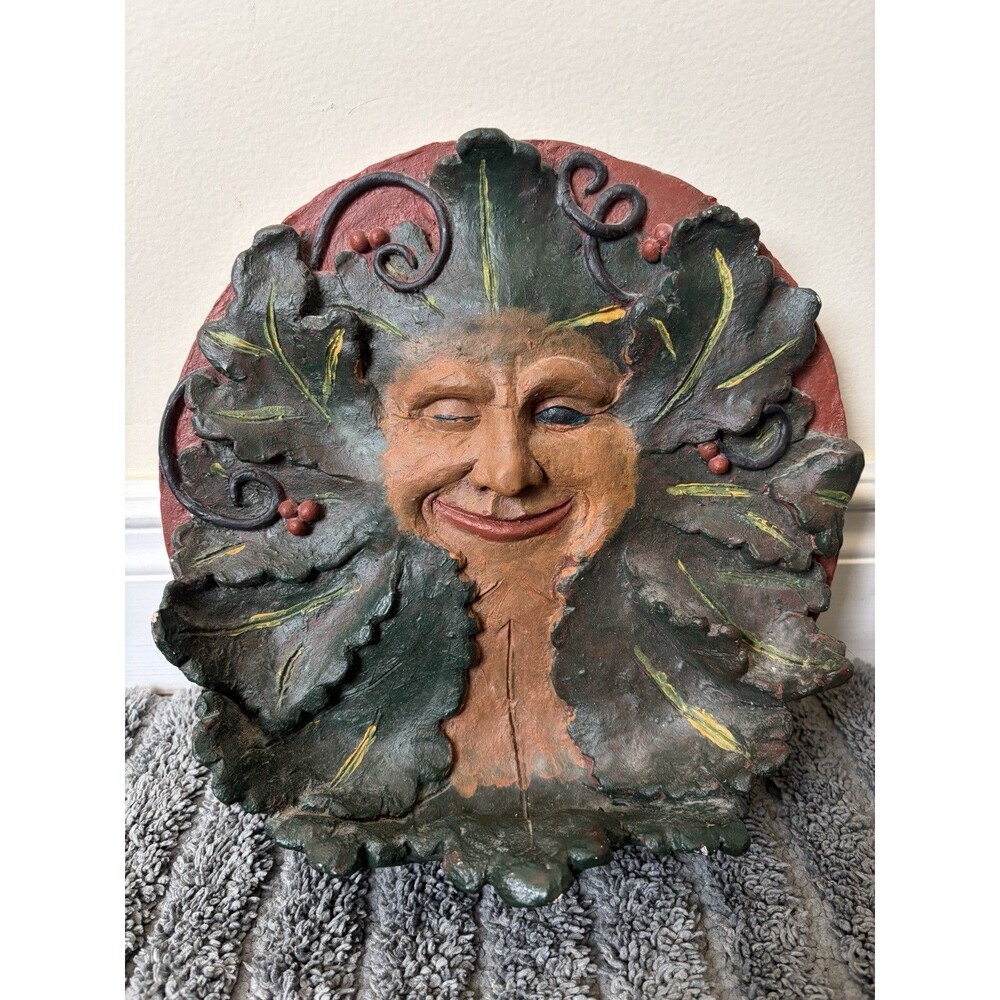 Vintage Green Man Wall Plaque Leaf Face Winking Pagan Garden Art Sculpture Mask